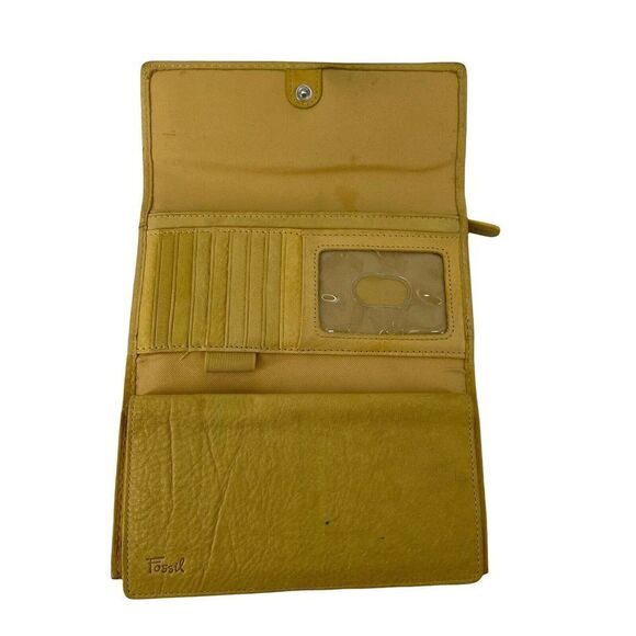Fossil Wallet Yellow Genuine Leather Trifold Classic Checkbook Insert Pockets - Picture 2 of 10